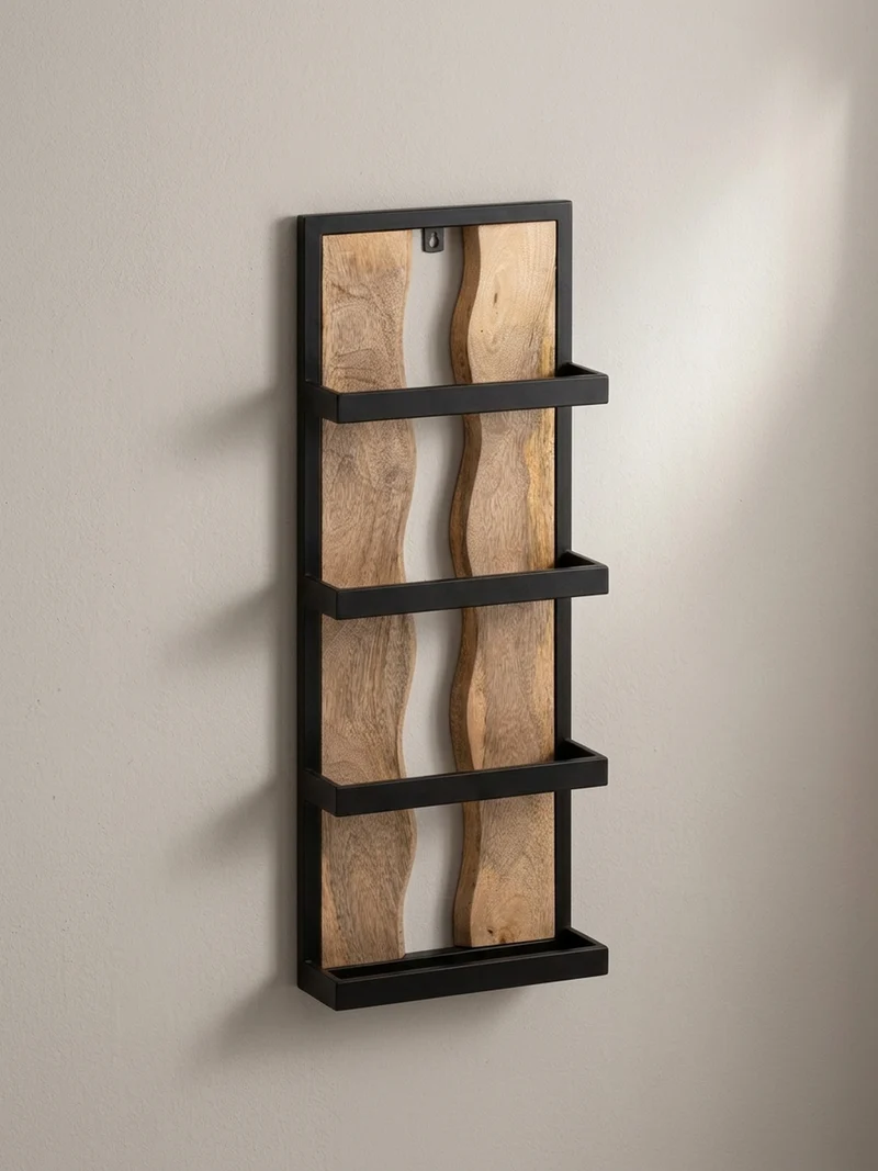Wandregal Mango Massivholz Metall Industrial Stil 30x80x10 cm Rechteckig mit 4 Ablagen und Wellenmuster