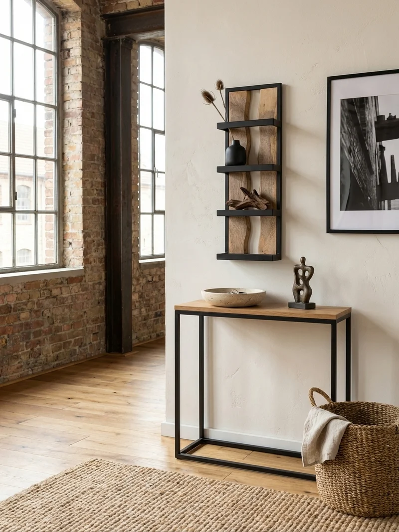 Wandregal Mango Massivholz Metall Industrial Stil 30x80x10 cm Rechteckig mit 4 Ablagen und Wellenmuster