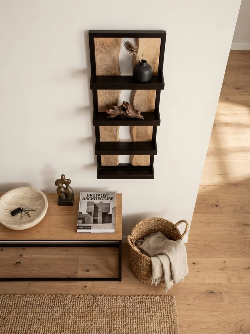 Wandregal Mango Massivholz Metall Industrial Stil 30x80x10 cm Rechteckig mit 4 Ablagen und Wellenmuster