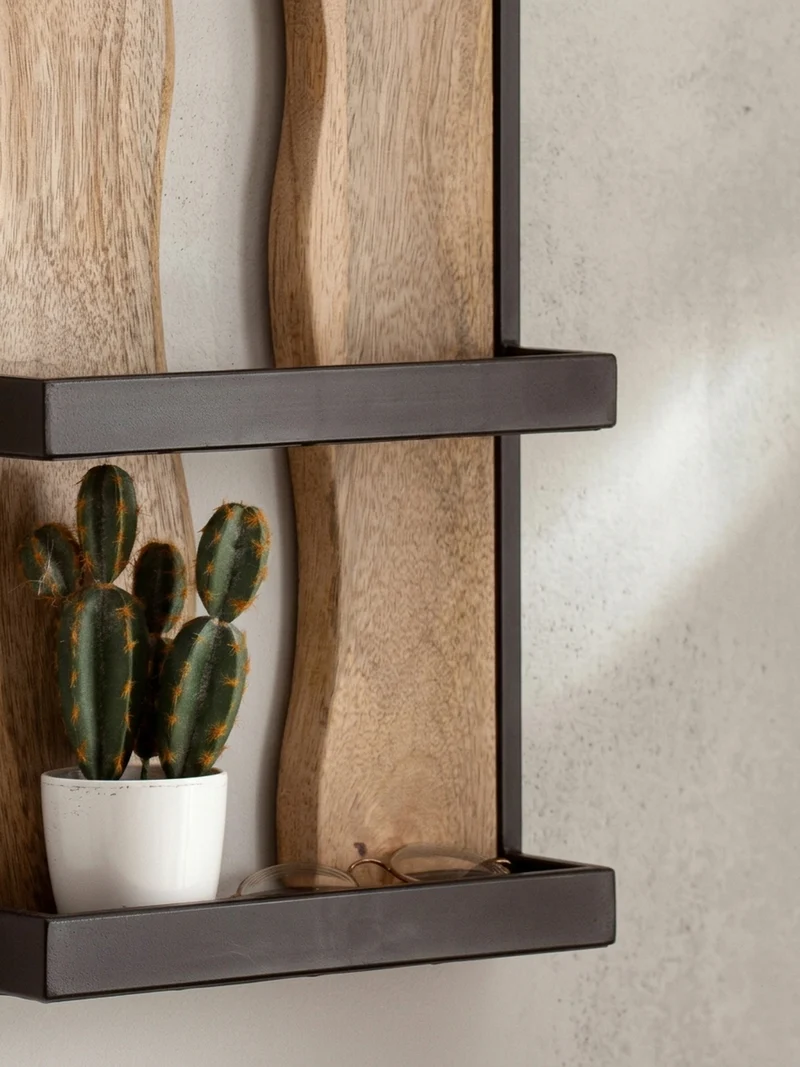 Wandregal Mango Massivholz Metall Industrial Stil 30x80x10 cm Rechteckig mit 4 Ablagen und Wellenmuster