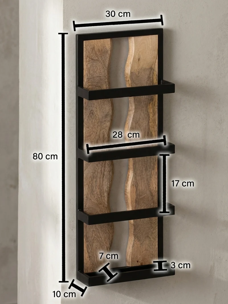 Wandregal Mango Massivholz Metall Industrial Stil 30x80x10 cm Rechteckig mit 4 Ablagen und Wellenmuster