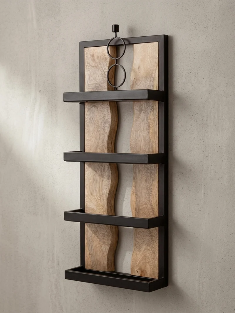 Wandregal Mango Massivholz Metall Industrial Stil 30x80x10 cm Rechteckig mit 4 Ablagen und Wellenmuster
