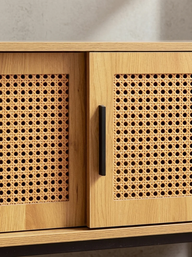 Lowboard Eiche-Dekor Zeitloser Stil 120x45,5x40 cm mit Wiener Geflecht und Schiebetüren