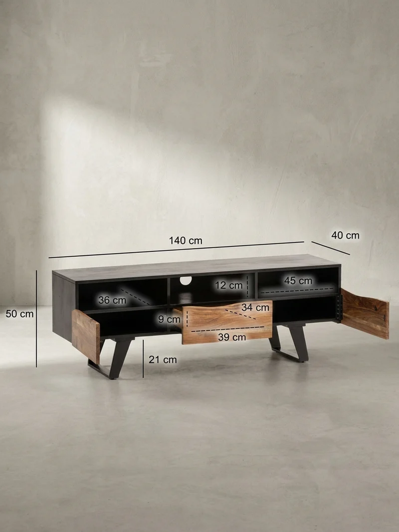 Lowboard Akazie Massivholz Modern Stil 140x50x40 cm Baumkante mit Schublade und Türen