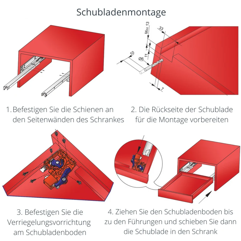 Soft-Close Unterflurführungen Schubladenschienen, Vollauszug 250mm - 600mm