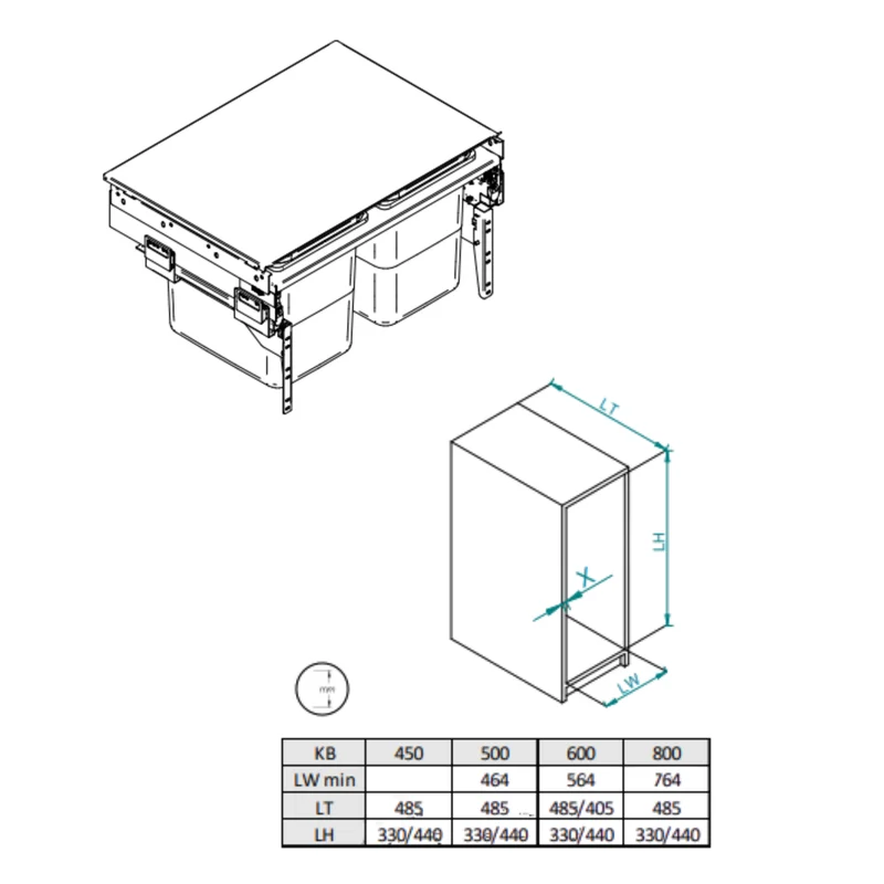 Mülleimer Mülltrennung 2 x 15L - 45cm, T = 480mm H = 320mm Küchenschrank - Anthrazit Grau