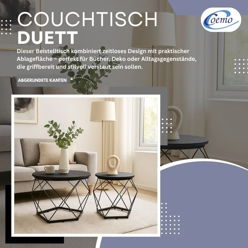 Coemo Couchtisch Duett 2-er Set Holz-Tischplatte mit Metallrahmen