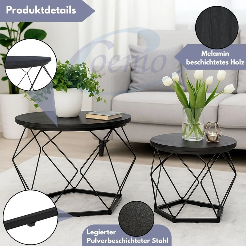 Coemo Couchtisch Duett 2-er Set Holz-Tischplatte mit Metallrahmen