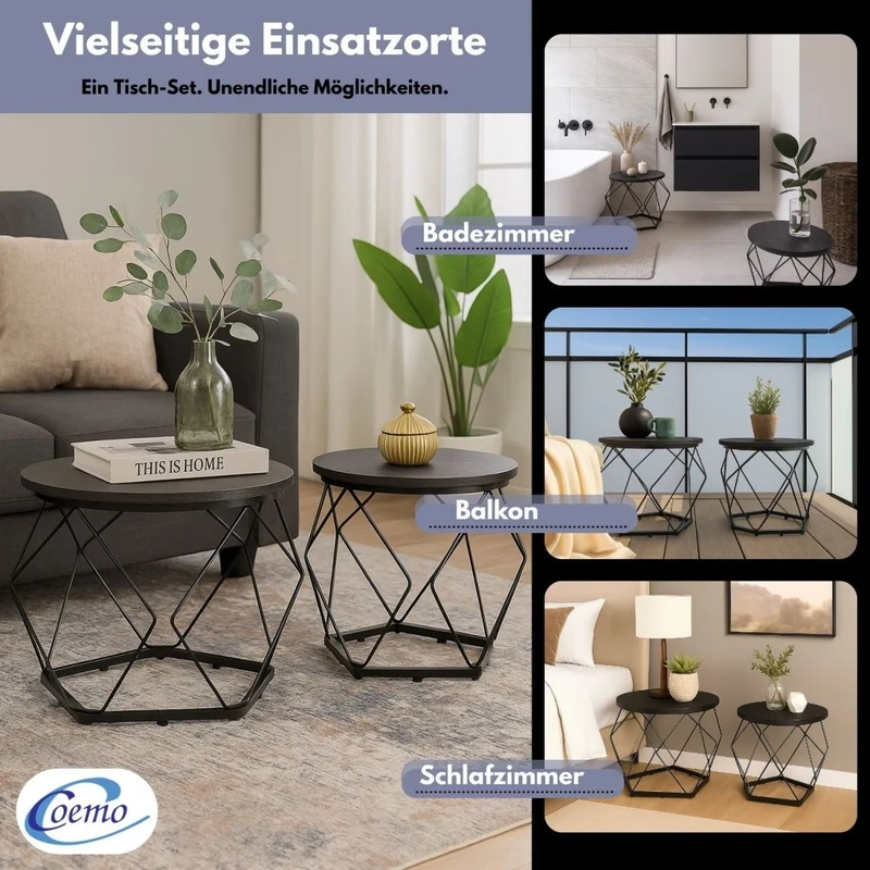 Coemo Couchtisch Duett 2-er Set Holz-Tischplatte mit Metallrahmen
