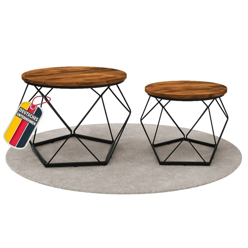 Coemo Couchtisch Duett 2-er Set Holz-Tischplatte mit Metallrahmen