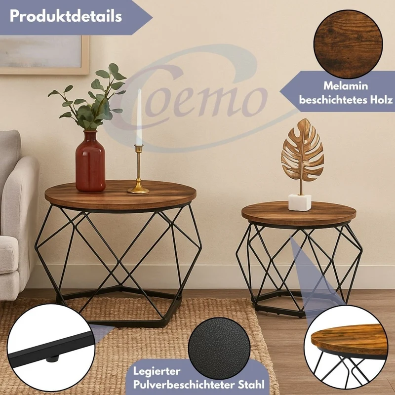 Coemo Couchtisch Duett 2-er Set Holz-Tischplatte mit Metallrahmen