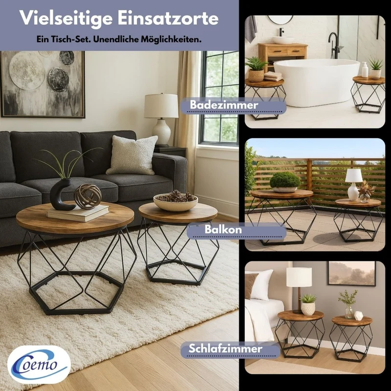 Coemo Couchtisch Duett 2-er Set Holz-Tischplatte mit Metallrahmen