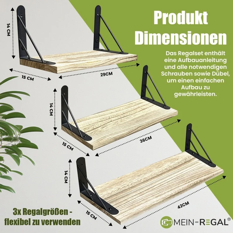 Mein-Regal Wandregal Sam Set 3 Stk. aus Holz, 3 verschiedene Größen