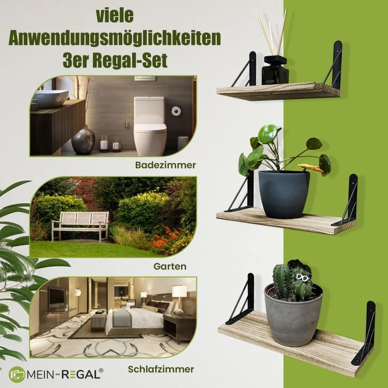 Mein-Regal Wandregal Sam Set 3 Stk. aus Holz, 3 verschiedene Größen