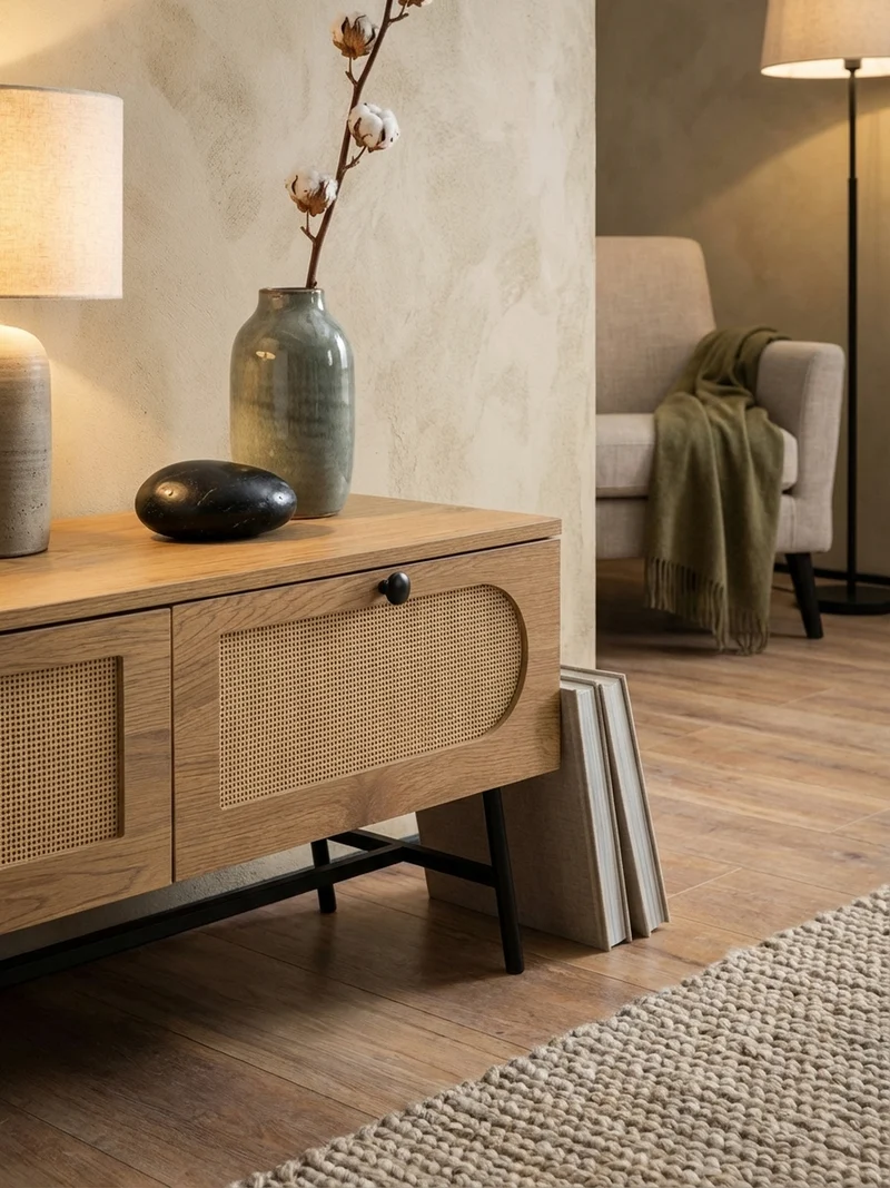 Lowboard Eiche-Dekor Rattan Modern Stil 100x45x40 cm mit Schubladen