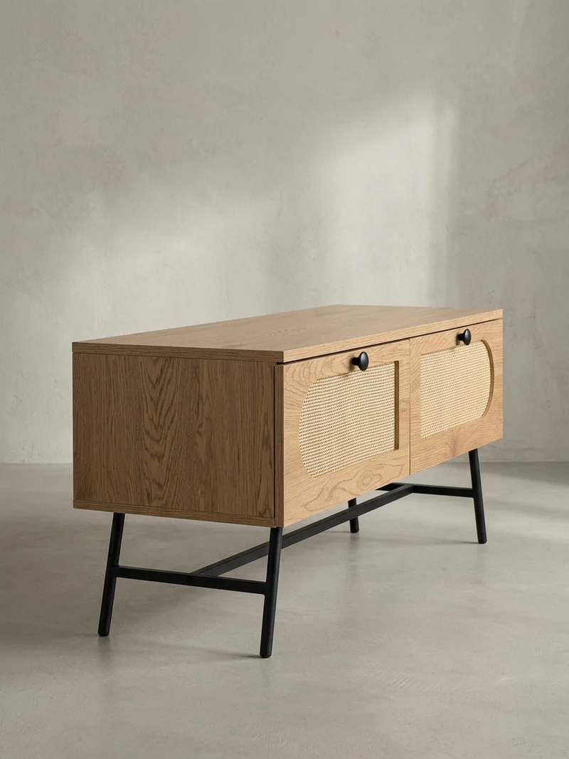 Lowboard Eiche-Dekor Rattan Modern Stil 100x45x40 cm mit Schubladen