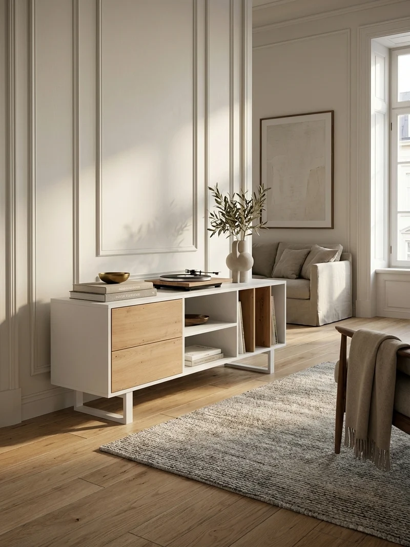 TV-Lowboard mit Eiche-Dekor, Schubladen und offenes Regal, modern