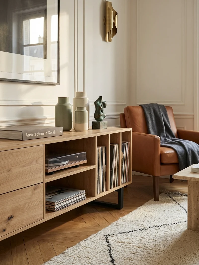 TV-Lowboard mit Eiche-Dekor, Schubladen und offenes Regal, modern