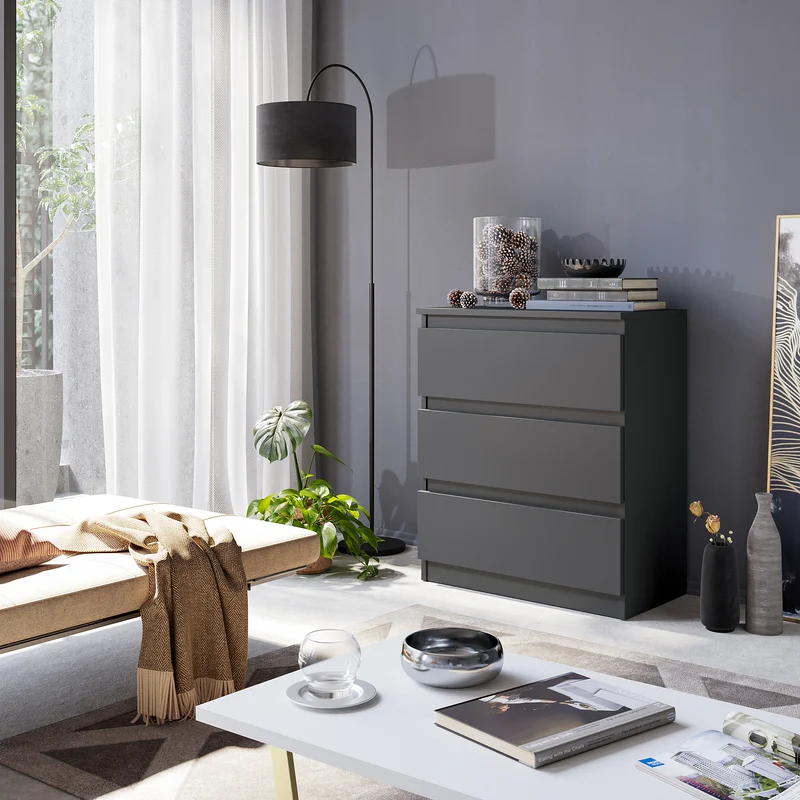 GABRIEL - Kommode / Sideboard mit 3 Schubladen - Anthrazit Grau H72cm B60cm T33cm
