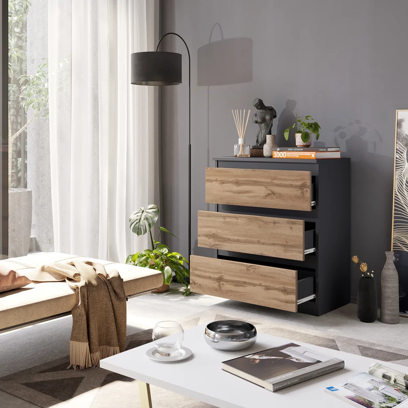 GABRIEL - Kommode / Sideboard mit 3 Schubladen - Anthrazit Grau / Wotan Eiche H72cm B60cm T33cm