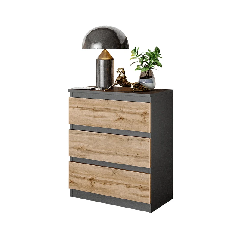 GABRIEL - Nachttisch / Nachtschrank mit 3 Schubladen - Anthrazit Grau / Wotan Eiche - H72cm B60cm T33cm