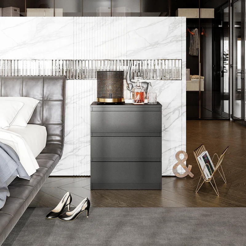 GABRIEL - Nachttisch / Nachtschrank mit 3 Schubladen - Anthrazit Grau - H72cm B60cm T33cm