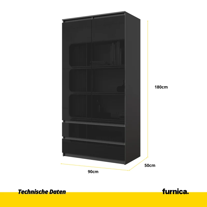 JOELLE - Kleiderschrank mit 2 Türen und 2 Schubladen - Anthrazit / Schwarz Gloss H180cm B90cm T50cm