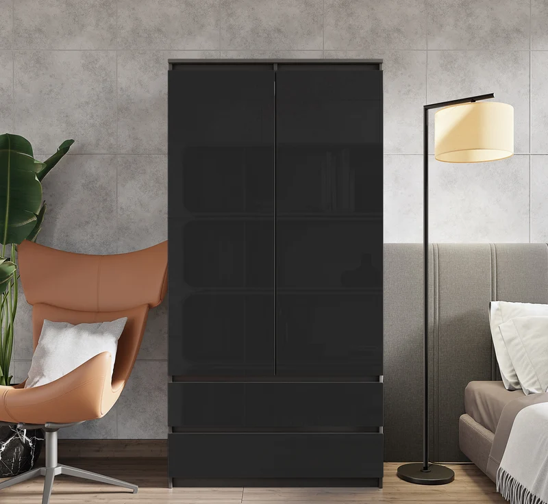 JOELLE - Kleiderschrank mit 2 Türen und 2 Schubladen - Anthrazit / Schwarz Gloss H180cm B90cm T50cm