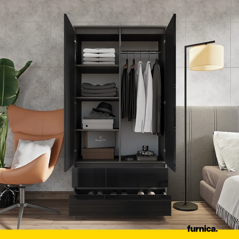 JOELLE - Kleiderschrank mit 2 Türen und 2 Schubladen - Anthrazit / Schwarz Gloss H180cm B90cm T50cm