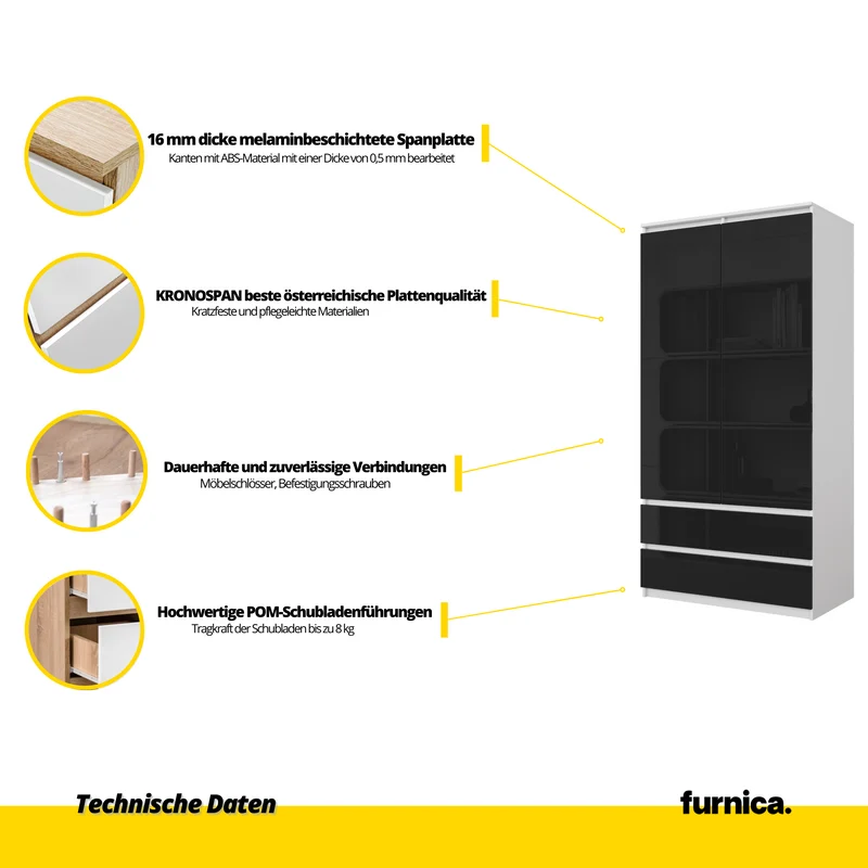 JOELLE - Kleiderschrank mit 2 Türen und 2 Schubladen - Weiß Matt / Schwarz Gloss H180cm B90cm T50cm