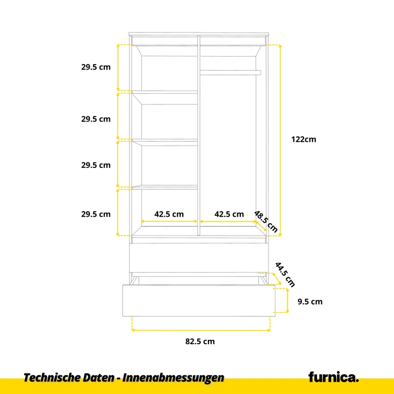 JOELLE - Kleiderschrank mit 2 Türen und 2 Schubladen - Weiß Matt / Schwarz Gloss H180cm B90cm T50cm