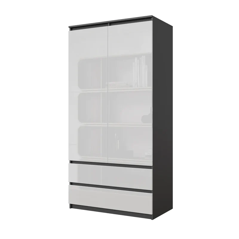 JOELLE - Kleiderschrank mit 2 Türen und 2 Schubladen - Anthrazit / Weißglanz H180cm B90cm T50cm