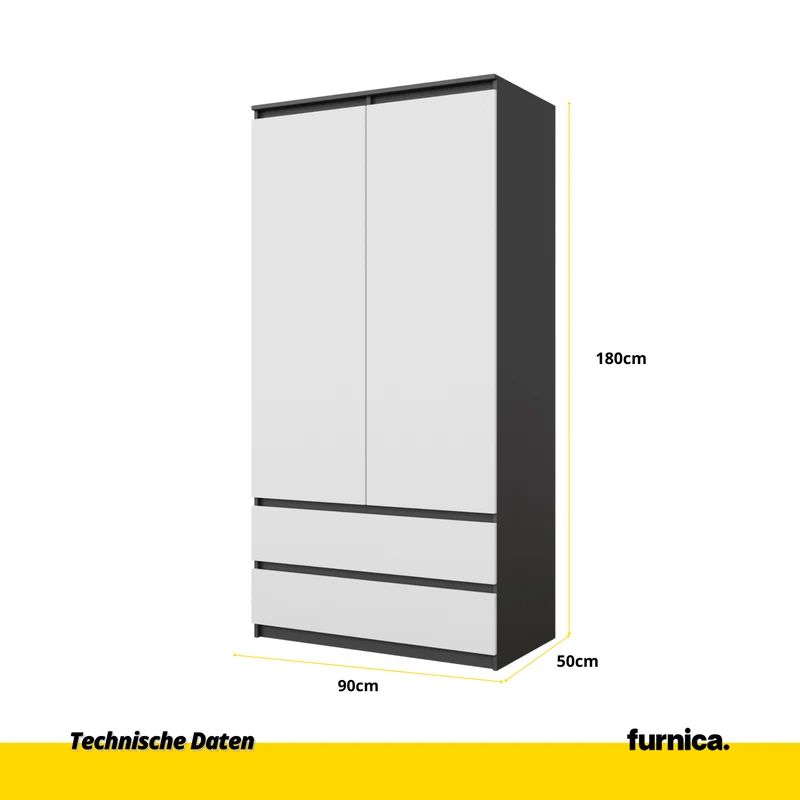 JOELLE - Kleiderschrank mit 2 Türen und 2 Schubladen - Anthrazit / Weiß Matt H180cm B90cm T50cm