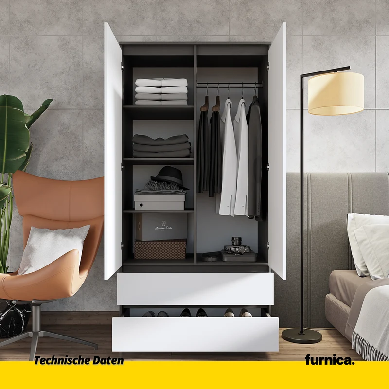 JOELLE - Kleiderschrank mit 2 Türen und 2 Schubladen - Anthrazit / Weiß Matt H180cm B90cm T50cm