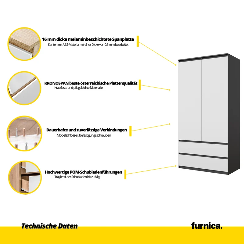 JOELLE - Kleiderschrank mit 2 Türen und 2 Schubladen - Anthrazit / Weiß Matt H180cm B90cm T50cm