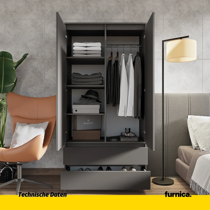 JOELLE - Kleiderschrank mit 2 Türen und 2 Schubladen - Anthrazit H180cm B90cm T50cm