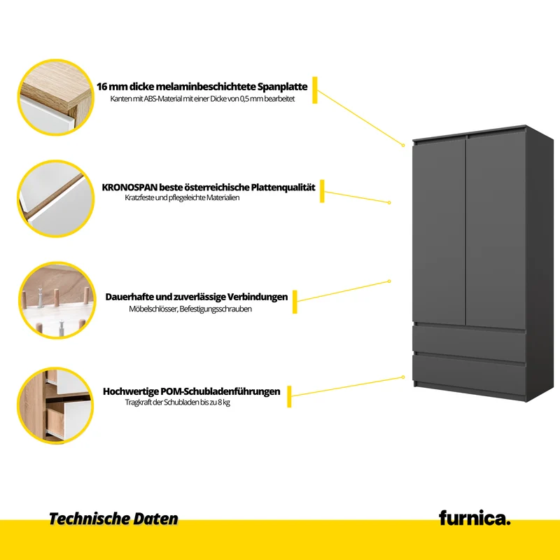 JOELLE - Kleiderschrank mit 2 Türen und 2 Schubladen - Anthrazit H180cm B90cm T50cm