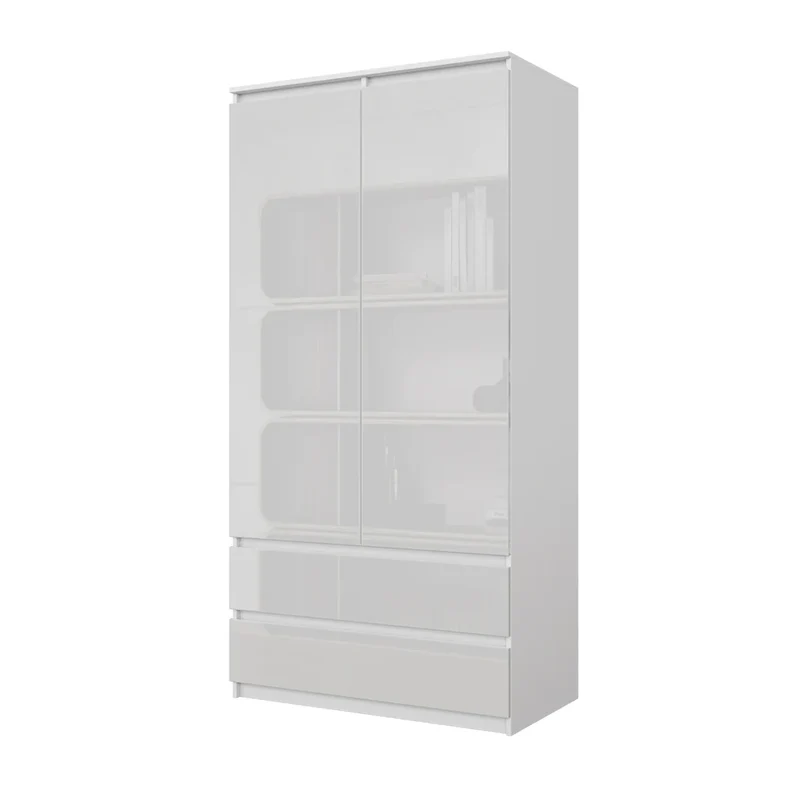 JOELLE - Kleiderschrank mit 2 Türen und 2 Schubladen - Weiß Matt / Weißglanz H180cm B90cm T50cm
