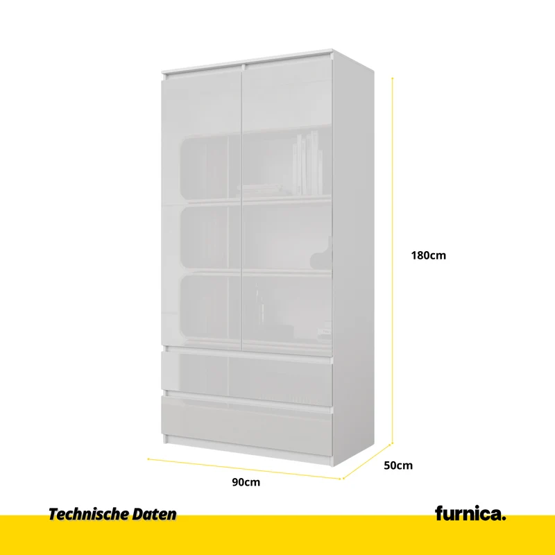 JOELLE - Kleiderschrank mit 2 Türen und 2 Schubladen - Weiß Matt / Weißglanz H180cm B90cm T50cm