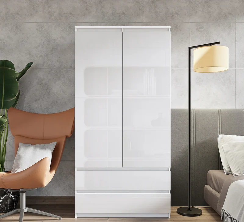 JOELLE - Kleiderschrank mit 2 Türen und 2 Schubladen - Weiß Matt / Weißglanz H180cm B90cm T50cm