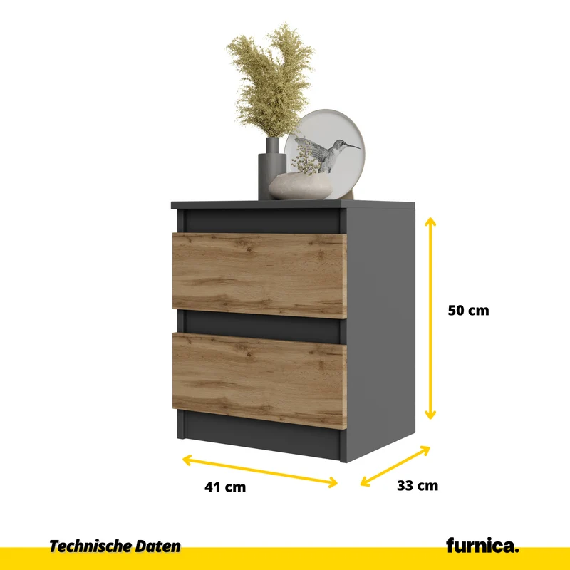 2 Stück GABRIEL BIG - Nachttisch / Nachtschrank mit 2 Schubladen - Anthrazit Grau / Wotan Eiche - H50cm B41cm T33cm
