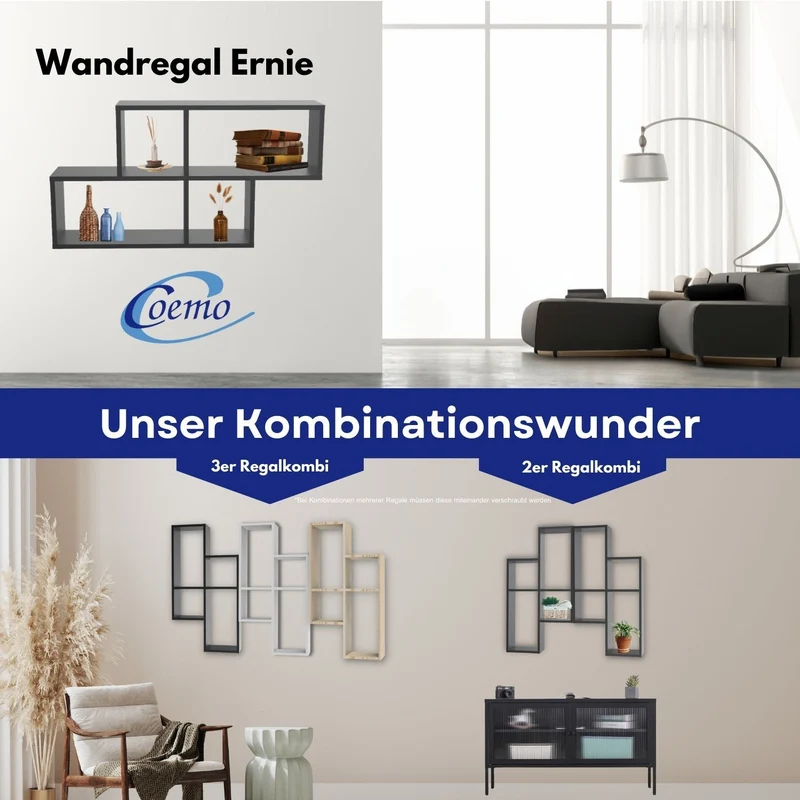 Coemo Wandregal Ernie aus Holz MDF, 4 Fächer vertikal versetzt
