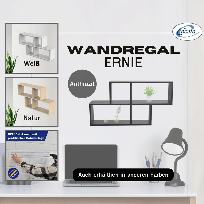 Coemo Wandregal Ernie aus Holz MDF, 4 Fächer vertikal versetzt