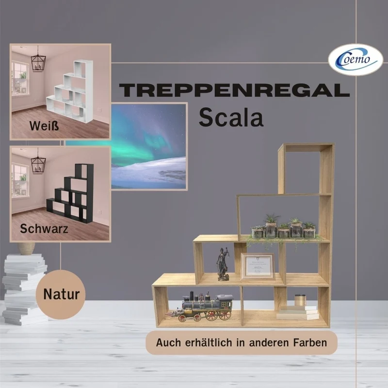 Coemo Treppenregal Scala aus Holz 4 Etagen Stufenregal 6 Fächer