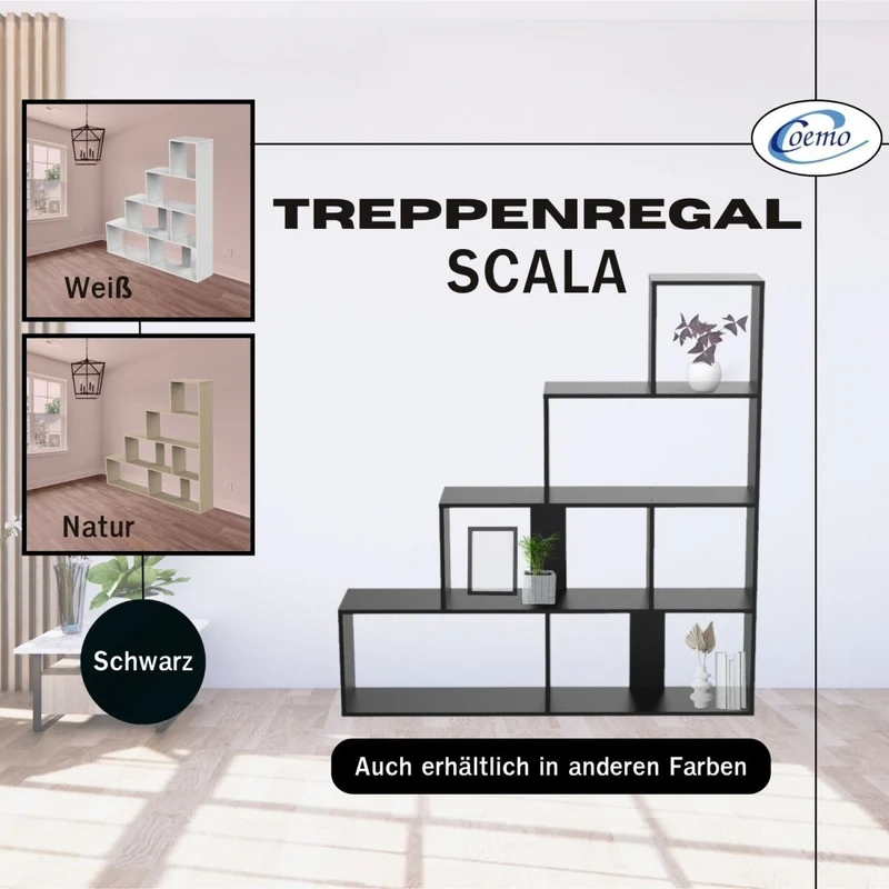 Coemo Treppenregal Scala aus Holz 4 Etagen Stufenregal 6 Fächer