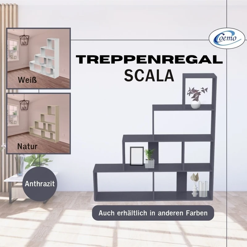 Coemo Treppenregal Scala aus Holz 4 Etagen Stufenregal 6 Fächer