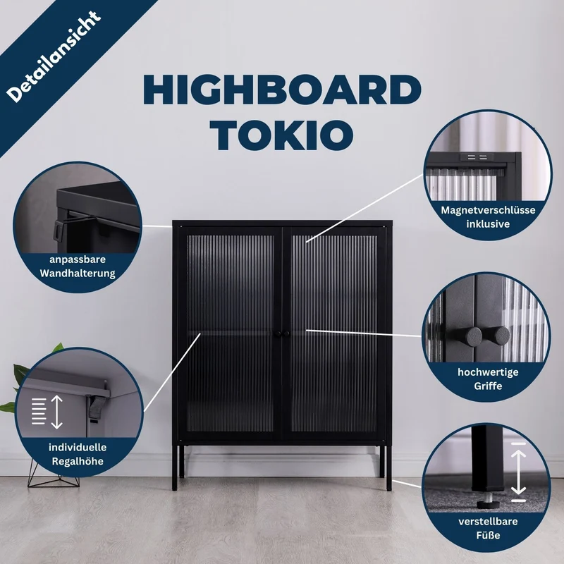 Coemo Highboard Tokio aus Metall mit Glastüren