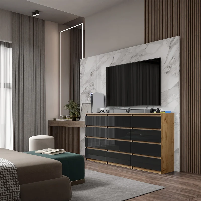 GABRIEL - Kommode / Sideboard mit 12 Schubladen (8+4) - Wotan Eiche / Schwarz Gloss H92cm B180cm T33cm