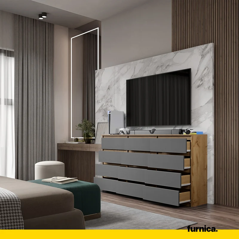 GABRIEL - Kommode / Sideboard mit 12 Schubladen (8+4) - Wotan Eiche / Anthrazit H92cm B180cm T33cm