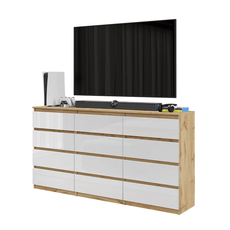 GABRIEL - Kommode / Sideboard mit 12 Schubladen (8+4) - Wotan Eiche / Weiß Gloss H92cm B180cm T33cm